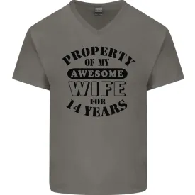 14th Wedding Anniversary 14 Year Funny Wife Mens V-Neck Cotton T-Shirt