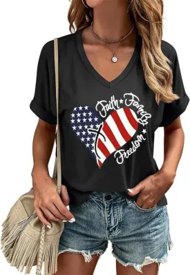 4th of July Patriotic V Neck Shirt for Women Funny American Flag Graphic Tee Summer Short Sleeve T-Shirt Blouse