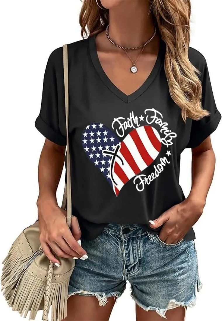 4th of July Patriotic V Neck Shirt for Women Funny American Flag Graphic Tee Summer Short Sleeve T-Shirt Blouse