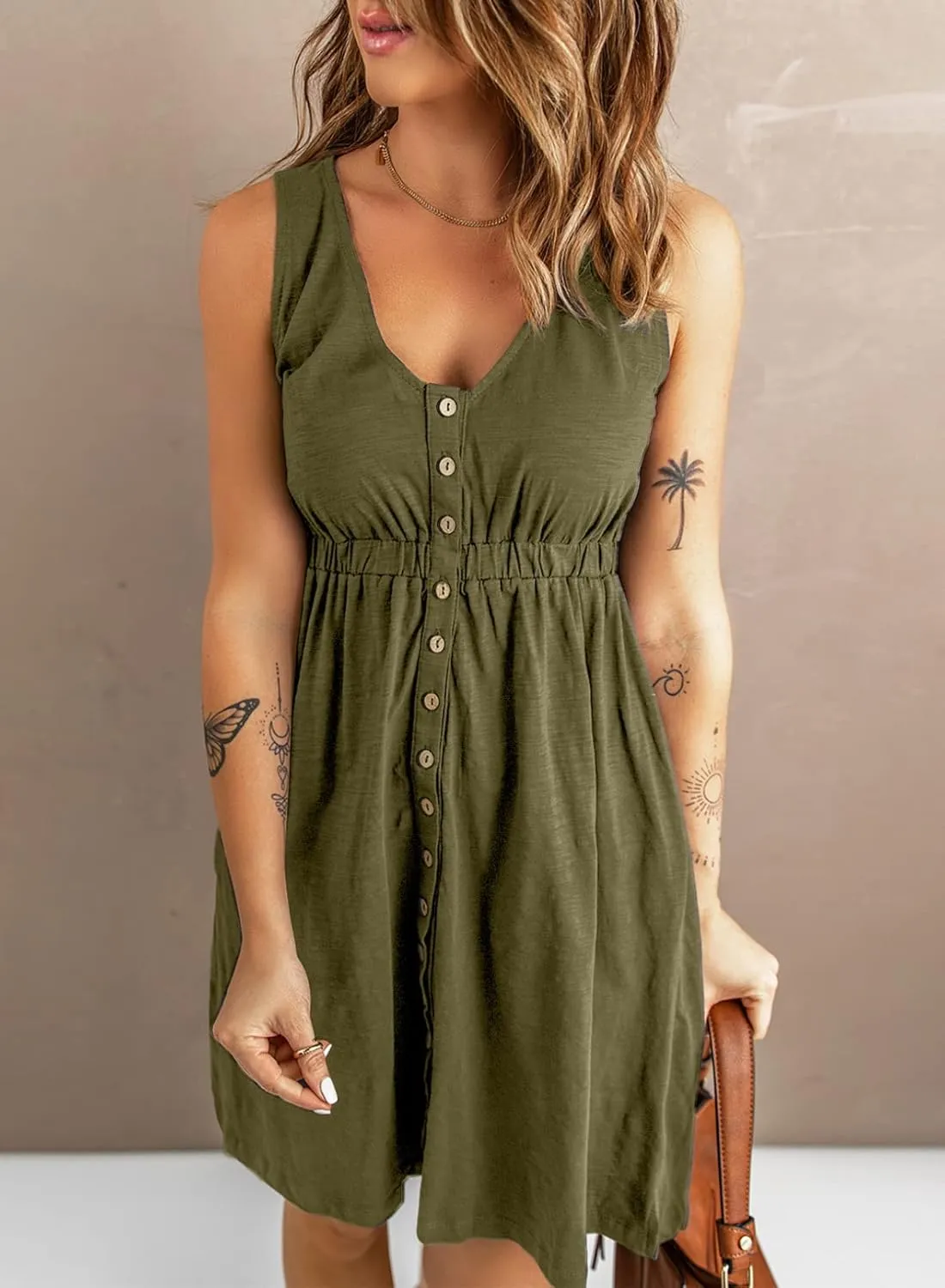 Acelitt Women Summer Casual Sleeveless Button Down Elastic Waist Swing Dresses, XS-2XL