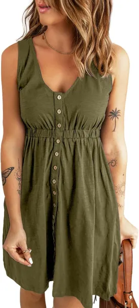 Acelitt Women Summer Casual Sleeveless Button Down Elastic Waist Swing Dresses, XS-2XL