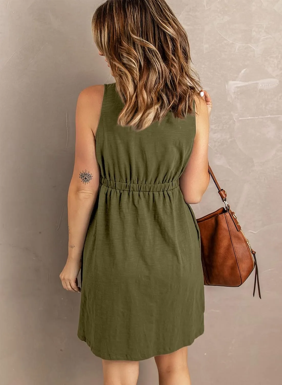 Acelitt Women Summer Casual Sleeveless Button Down Elastic Waist Swing Dresses, XS-2XL
