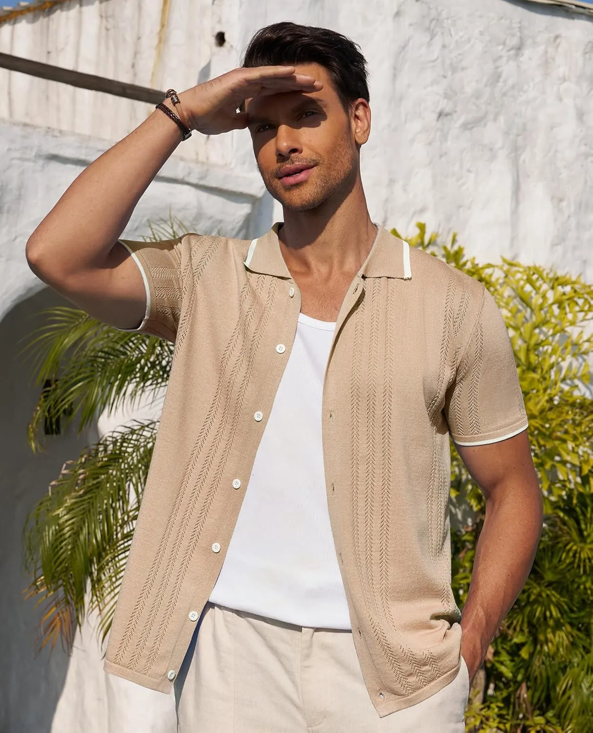 Alimens & Gentle Mens Shirts Casual Button Down Shirts Beach Vintage Knit Short Sleeve Polo Shirt for Men
