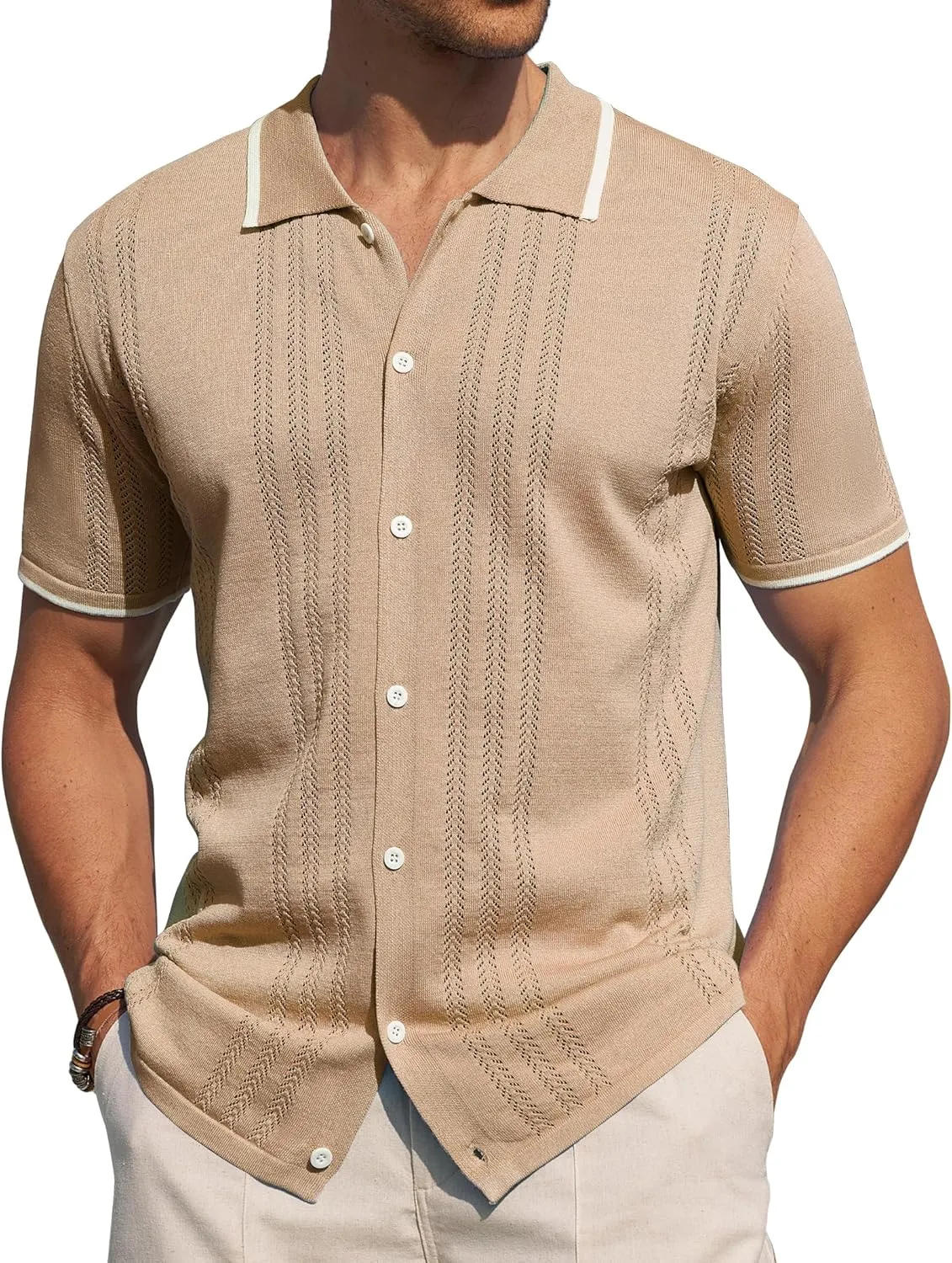 Alimens & Gentle Mens Shirts Casual Button Down Shirts Beach Vintage Knit Short Sleeve Polo Shirt for Men