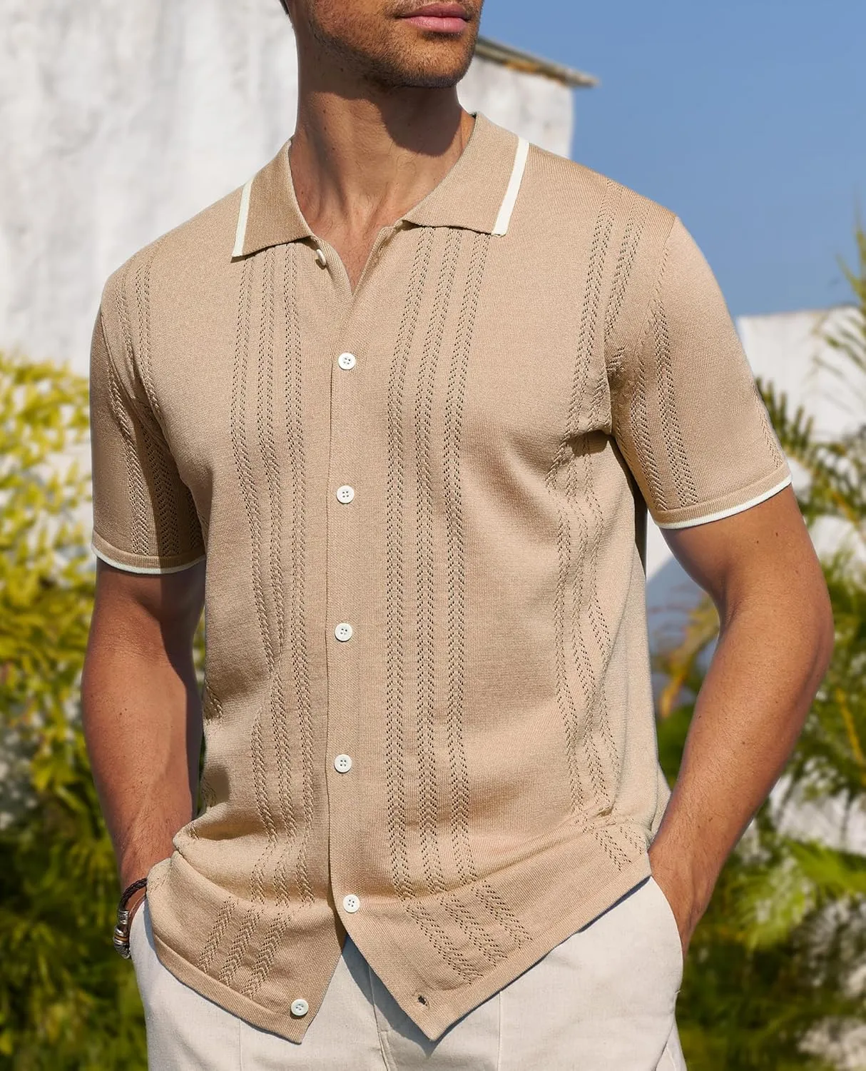 Alimens & Gentle Mens Shirts Casual Button Down Shirts Beach Vintage Knit Short Sleeve Polo Shirt for Men