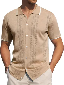 Alimens & Gentle Mens Shirts Casual Button Down Shirts Beach Vintage Knit Short Sleeve Polo Shirt for Men