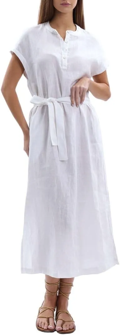 Amazhiyu Women's 100% Linen Summer Banded Collar Button Midi Dresses with Slits