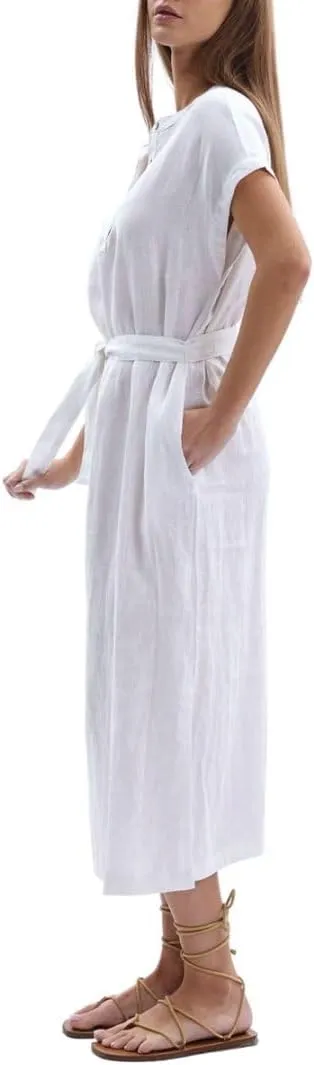 Amazhiyu Women's 100% Linen Summer Banded Collar Button Midi Dresses with Slits
