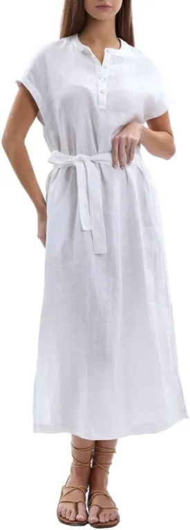 Amazhiyu Women's 100% Linen Summer Banded Collar Button Midi Dresses with Slits