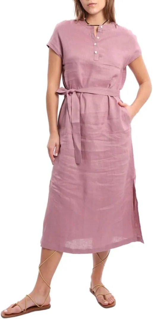 Amazhiyu Women's 100% Linen Summer Banded Collar Button Midi Dresses with Slits