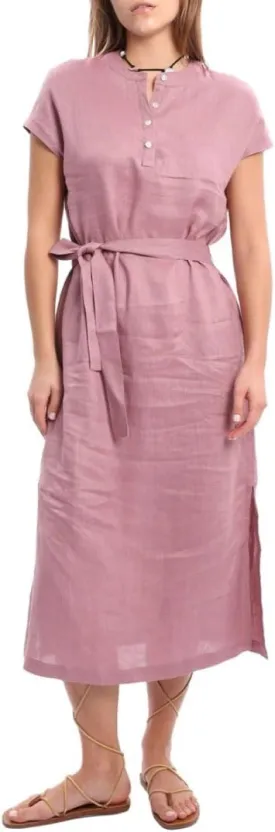 Amazhiyu Women's 100% Linen Summer Banded Collar Button Midi Dresses with Slits