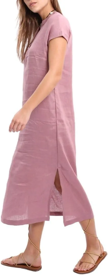 Amazhiyu Women's 100% Linen Summer Banded Collar Button Midi Dresses with Slits
