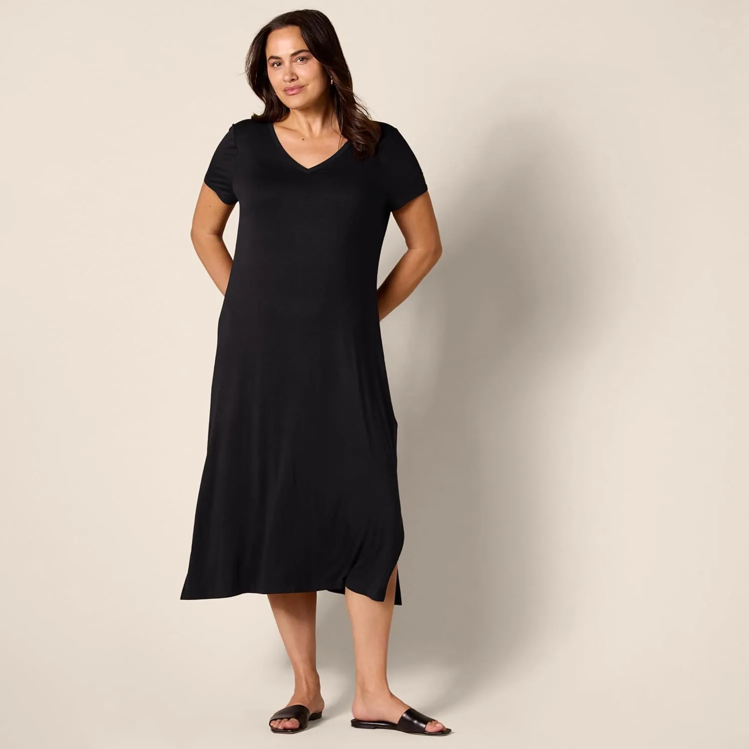 Amazon Essentials Women's Jersey V-Neck Short Sleeve Midi Length Dress