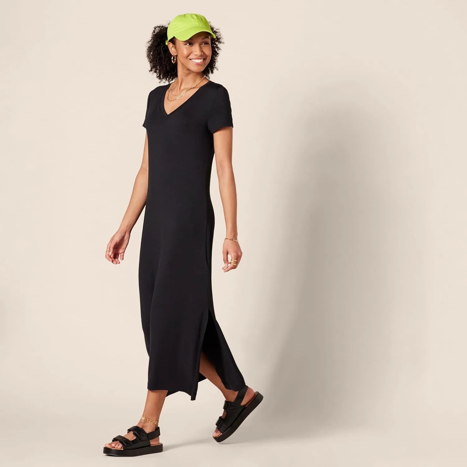 Amazon Essentials Women's Jersey V-Neck Short Sleeve Midi Length Dress