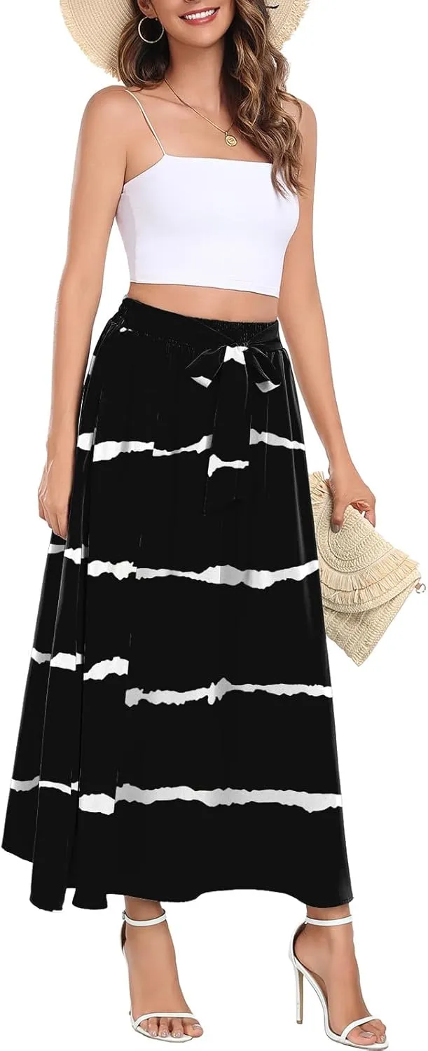 Askyes Womens Maxi Skirt Summer Trendy Tie Knot Elastic High Waisted Boho Casual Beach Flowy Swing Long Skirts with Pockets