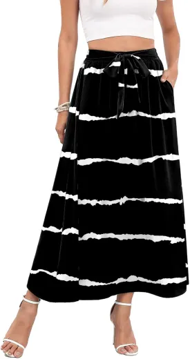 Askyes Womens Maxi Skirt Summer Trendy Tie Knot Elastic High Waisted Boho Casual Beach Flowy Swing Long Skirts with Pockets
