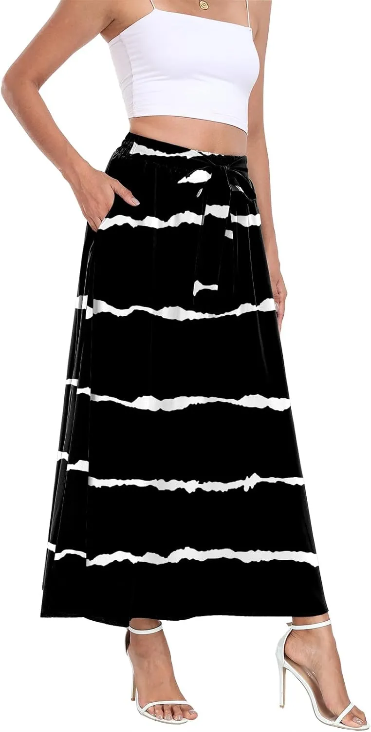 Askyes Womens Maxi Skirt Summer Trendy Tie Knot Elastic High Waisted Boho Casual Beach Flowy Swing Long Skirts with Pockets