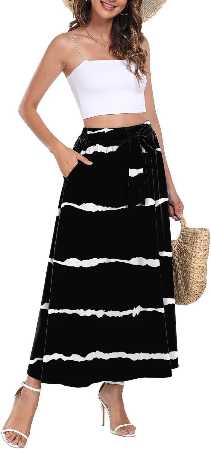 Askyes Womens Maxi Skirt Summer Trendy Tie Knot Elastic High Waisted Boho Casual Beach Flowy Swing Long Skirts with Pockets