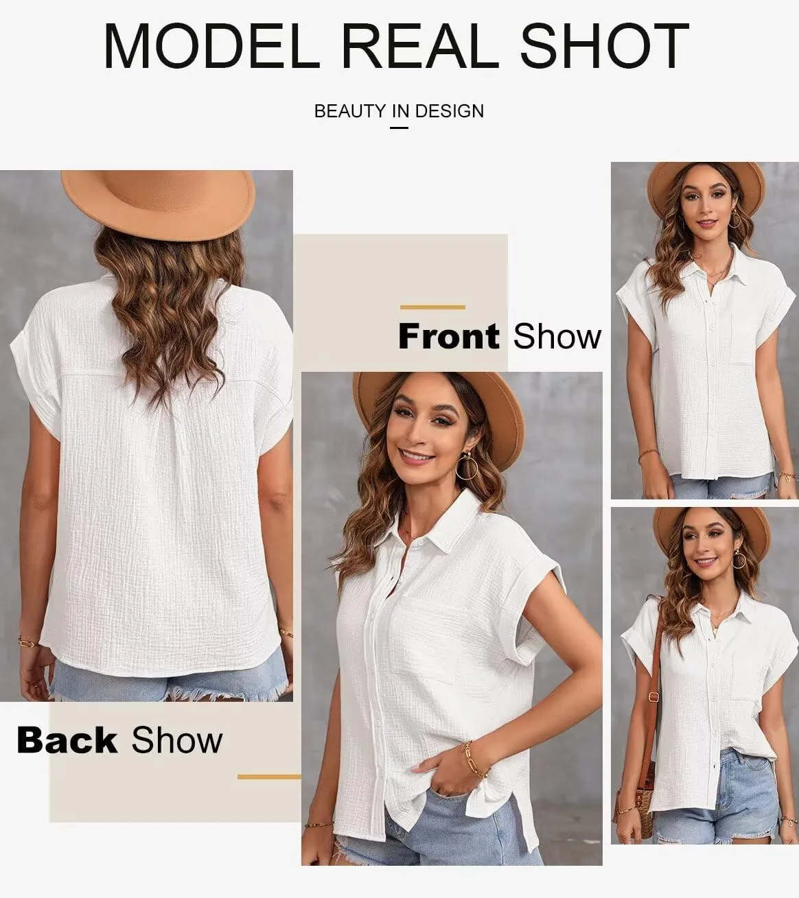 Astylish Women Summer Tops Cotton Short Sleeve Shirt V Neck Button Down Blouse Tunic Tops