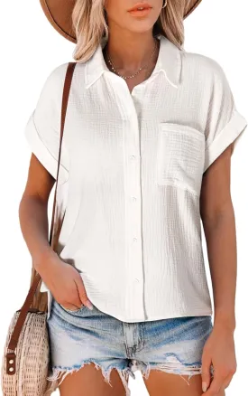 Astylish Women Summer Tops Cotton Short Sleeve Shirt V Neck Button Down Blouse Tunic Tops