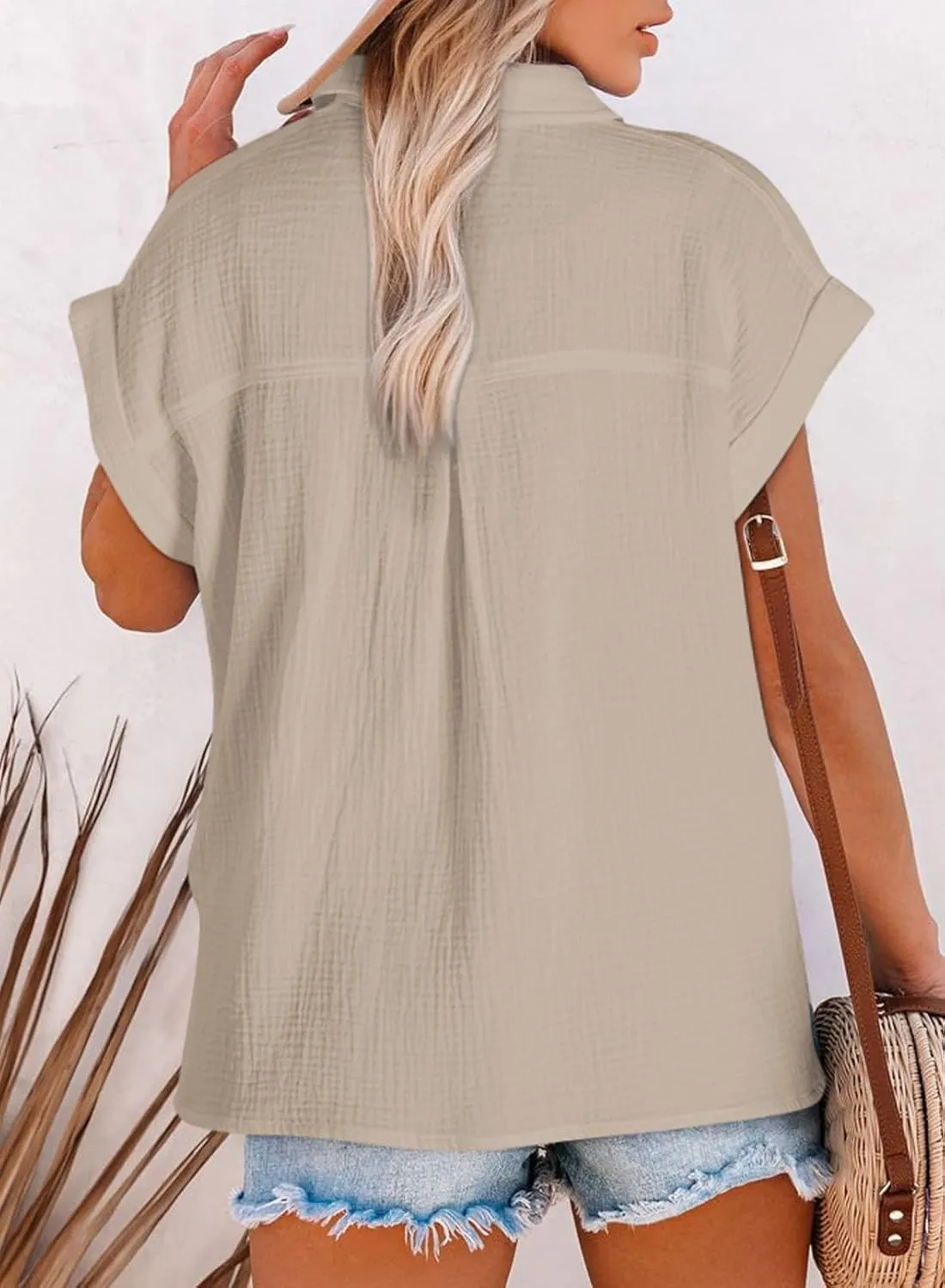 Astylish Women Summer Tops Cotton Short Sleeve Shirt V Neck Button Down Blouse Tunic Tops