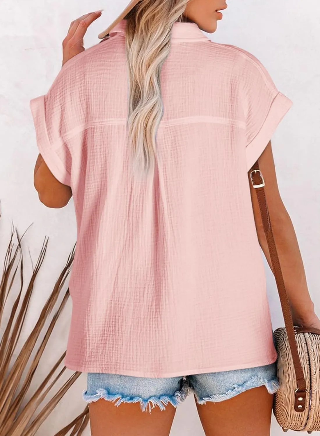 Astylish Women Summer Tops Cotton Short Sleeve Shirt V Neck Button Down Blouse Tunic Tops
