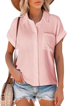 Astylish Women Summer Tops Cotton Short Sleeve Shirt V Neck Button Down Blouse Tunic Tops
