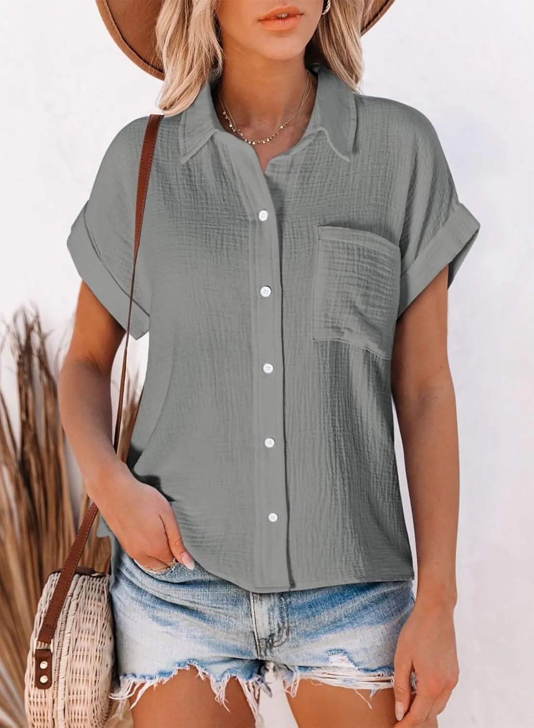 Astylish Women Summer Tops Cotton Short Sleeve Shirt V Neck Button Down Blouse Tunic Tops