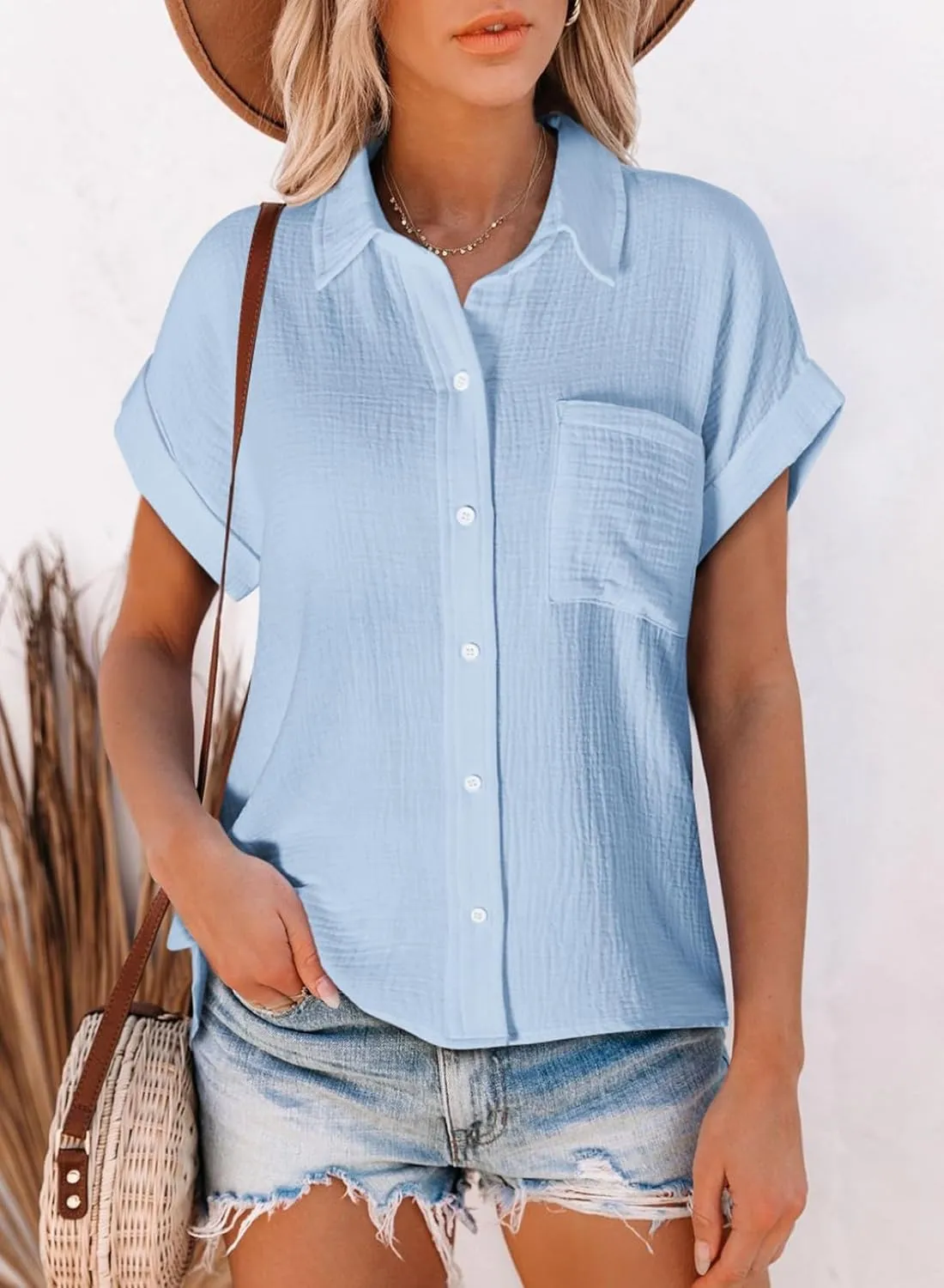 Astylish Women Summer Tops Cotton Short Sleeve Shirt V Neck Button Down Blouse Tunic Tops