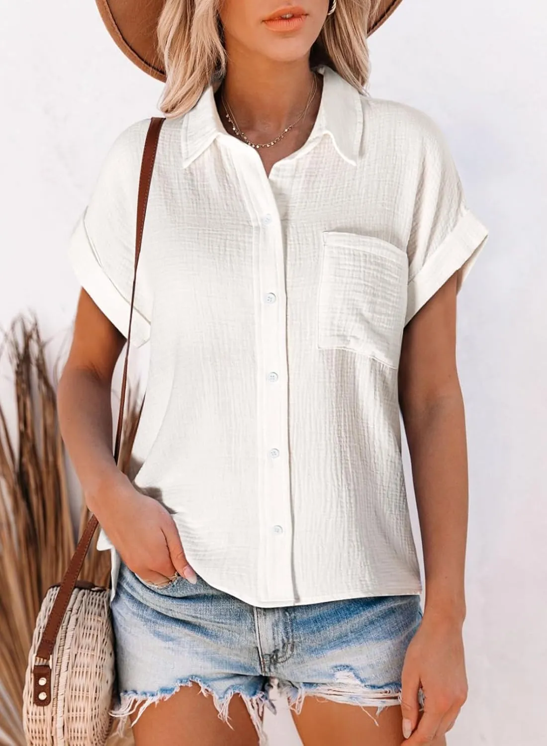 Astylish Women Summer Tops Cotton Short Sleeve Shirt V Neck Button Down Blouse Tunic Tops