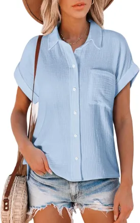Astylish Women Summer Tops Cotton Short Sleeve Shirt V Neck Button Down Blouse Tunic Tops