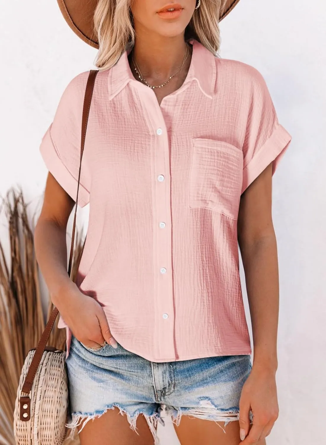 Astylish Women Summer Tops Cotton Short Sleeve Shirt V Neck Button Down Blouse Tunic Tops
