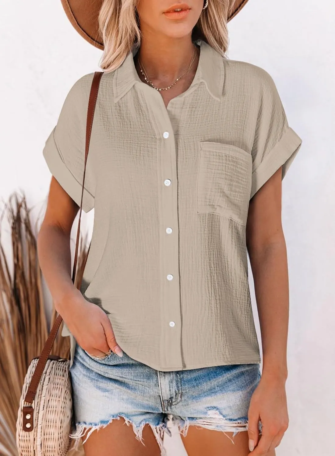 Astylish Women Summer Tops Cotton Short Sleeve Shirt V Neck Button Down Blouse Tunic Tops