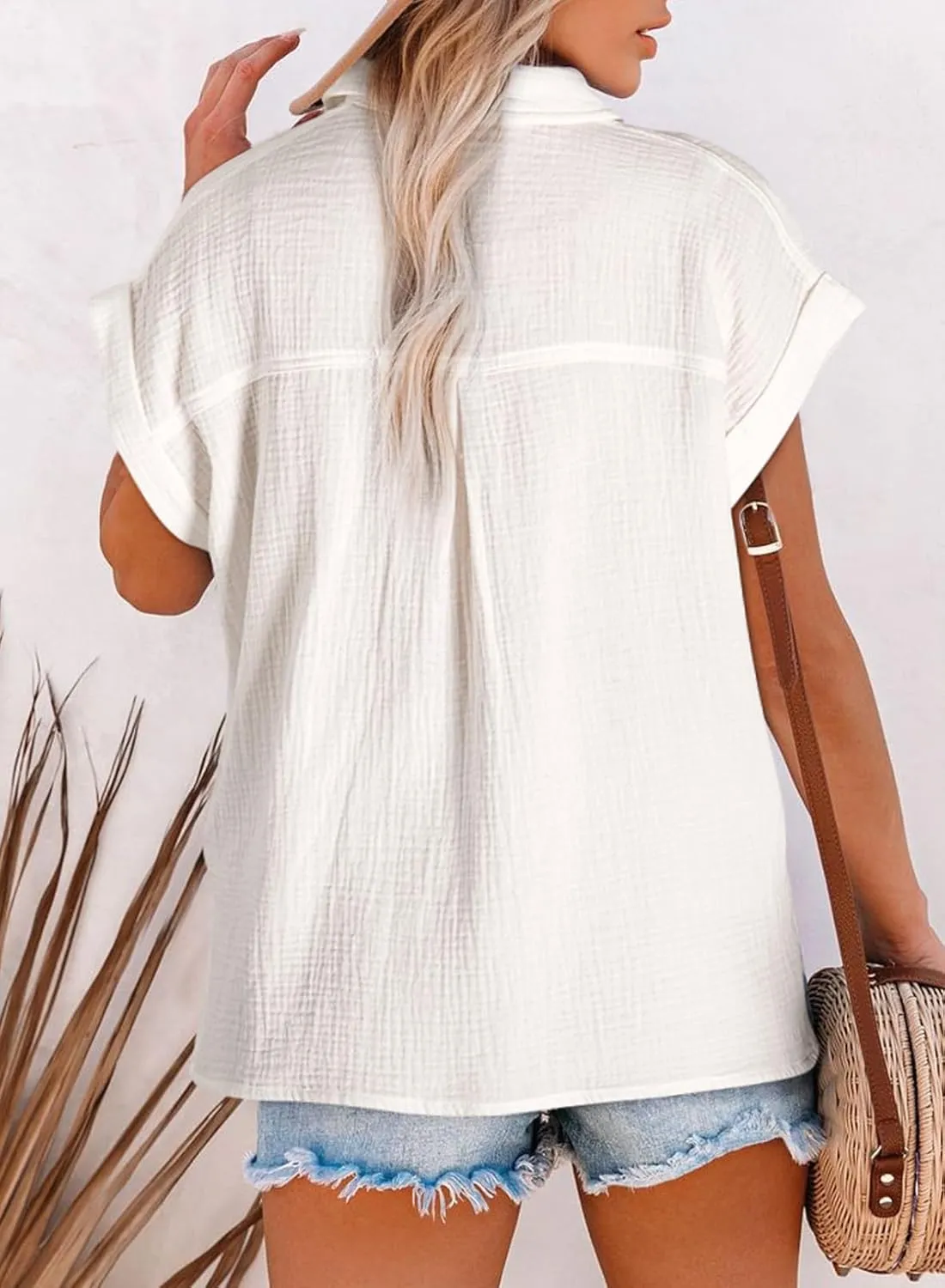 Astylish Women Summer Tops Cotton Short Sleeve Shirt V Neck Button Down Blouse Tunic Tops