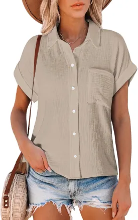 Astylish Women Summer Tops Cotton Short Sleeve Shirt V Neck Button Down Blouse Tunic Tops
