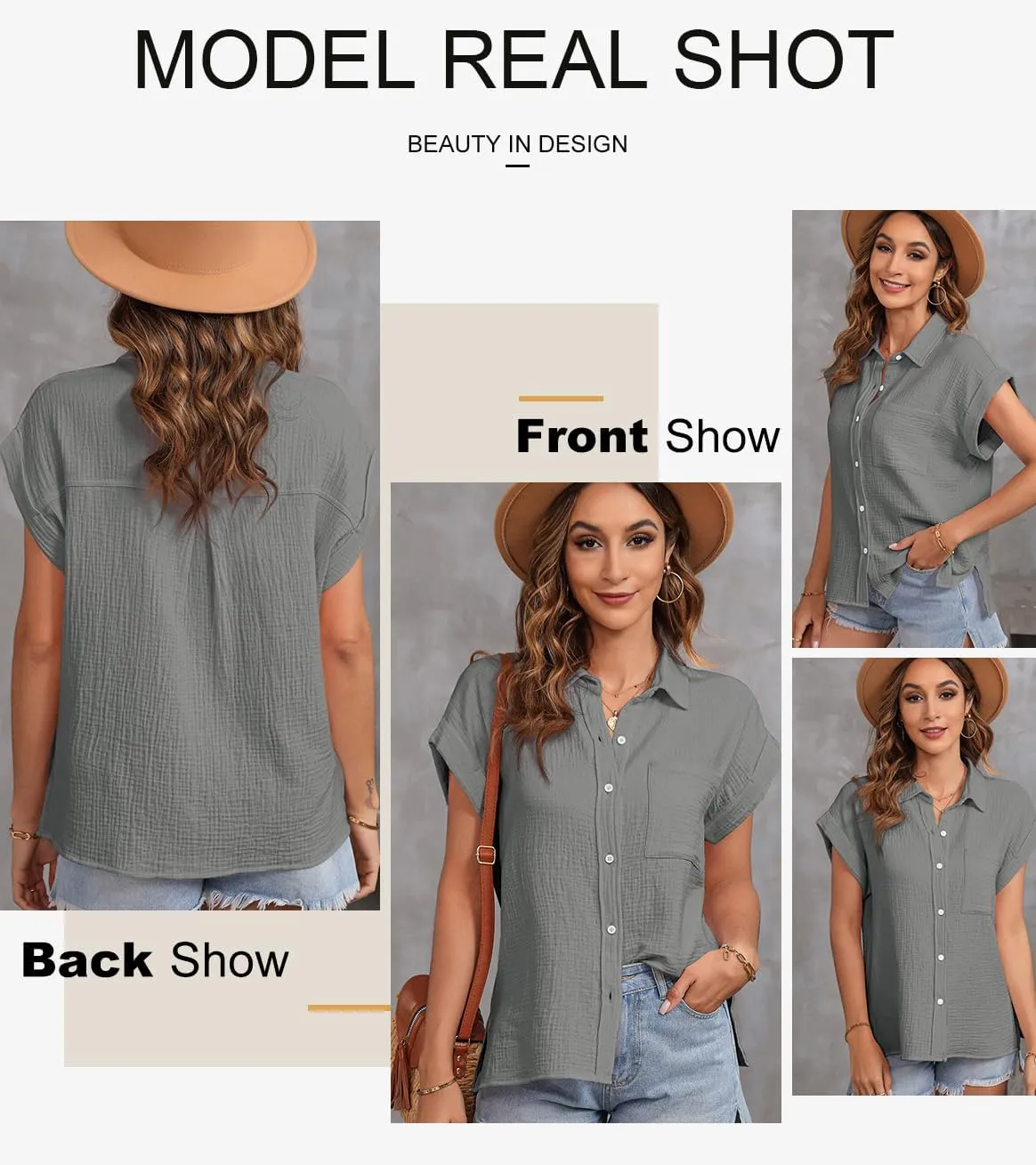 Astylish Women Summer Tops Cotton Short Sleeve Shirt V Neck Button Down Blouse Tunic Tops