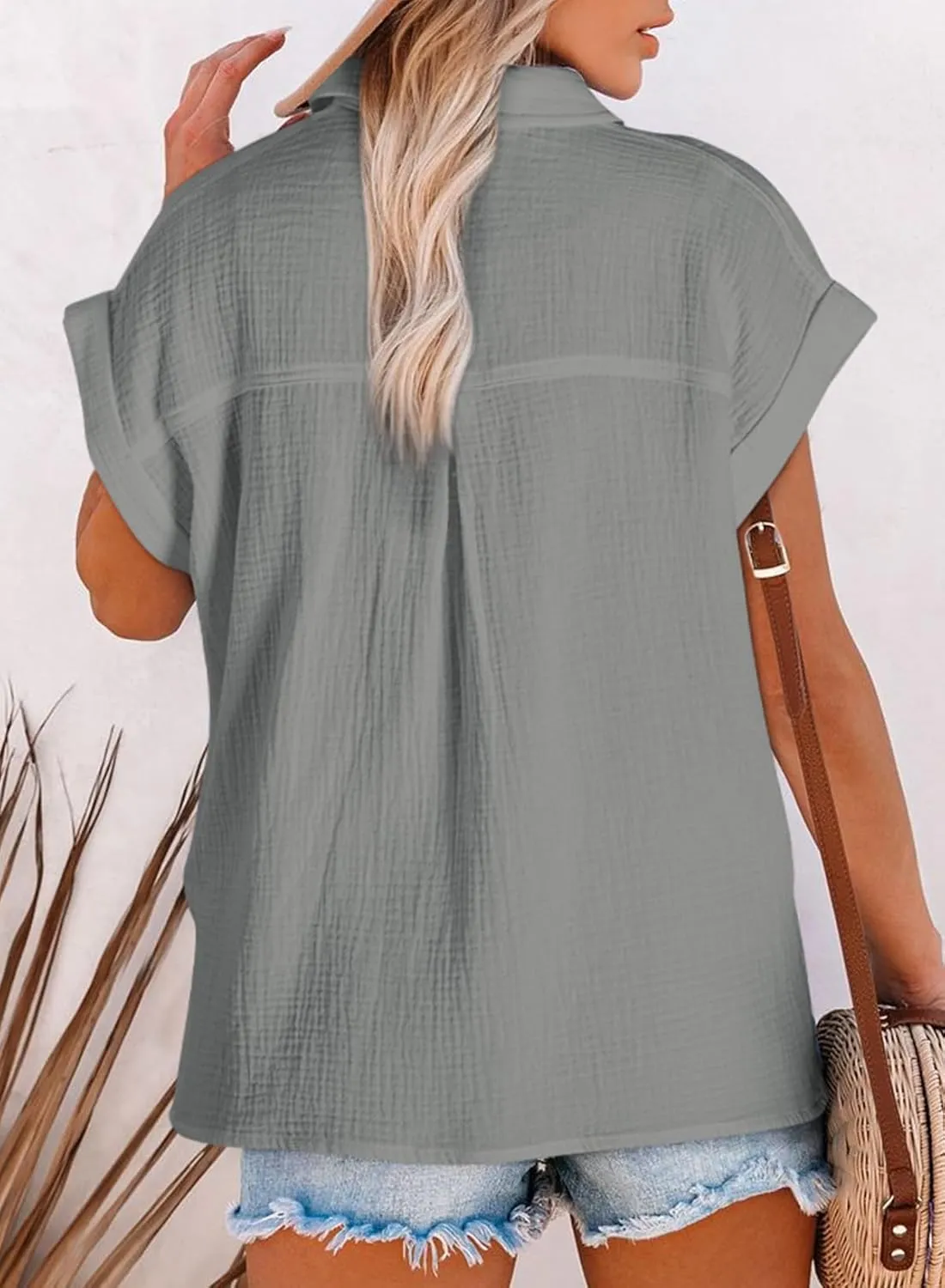 Astylish Women Summer Tops Cotton Short Sleeve Shirt V Neck Button Down Blouse Tunic Tops