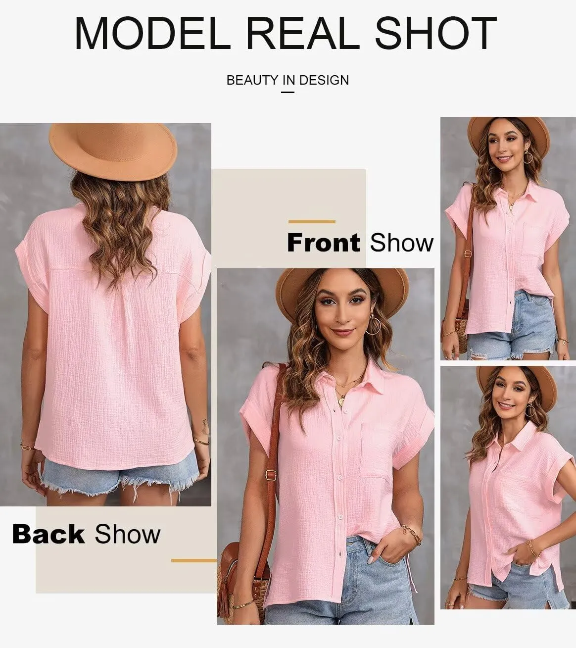 Astylish Women Summer Tops Cotton Short Sleeve Shirt V Neck Button Down Blouse Tunic Tops