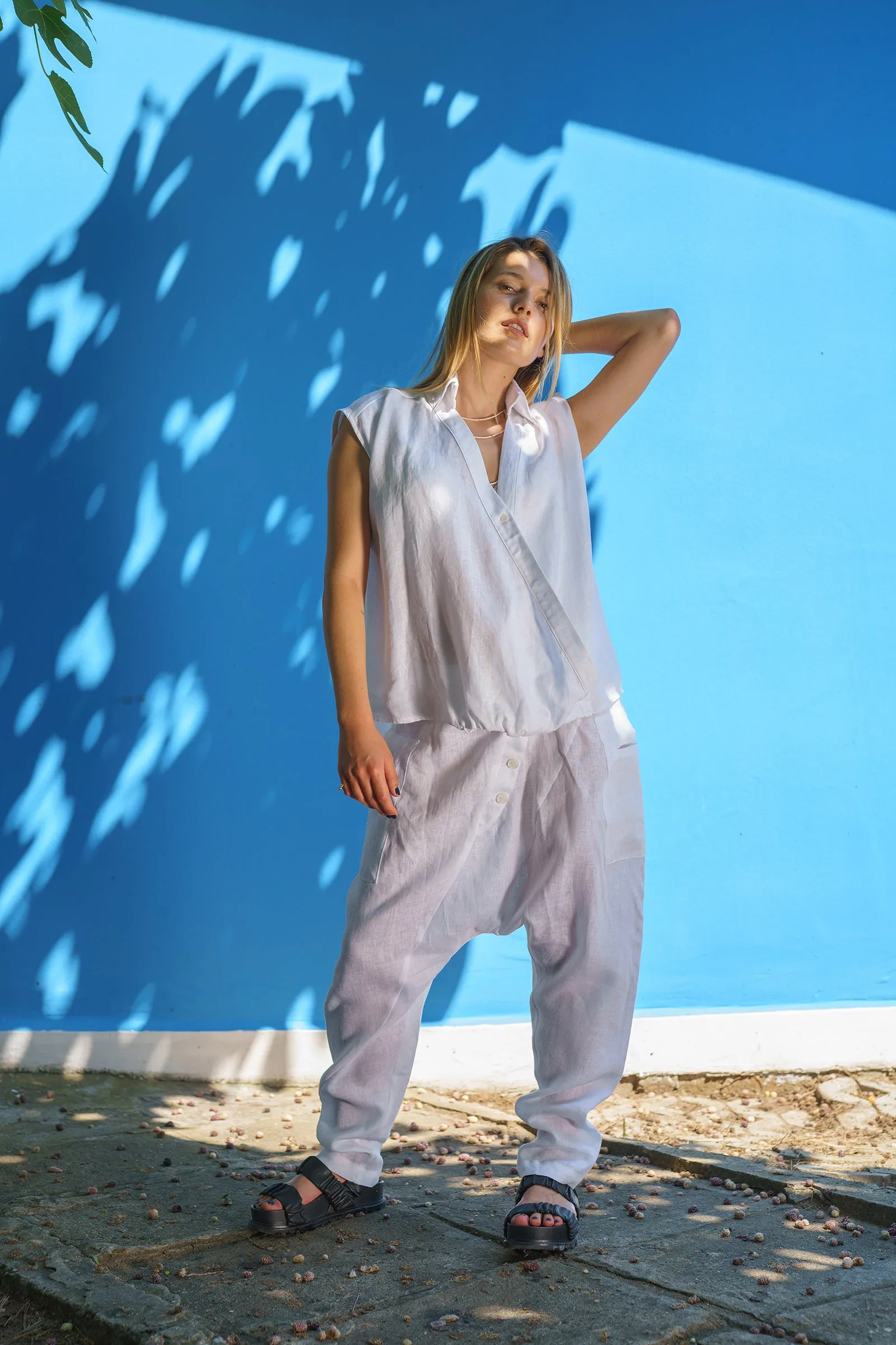 Asymmetrical White Organic Linen Shirt for Women