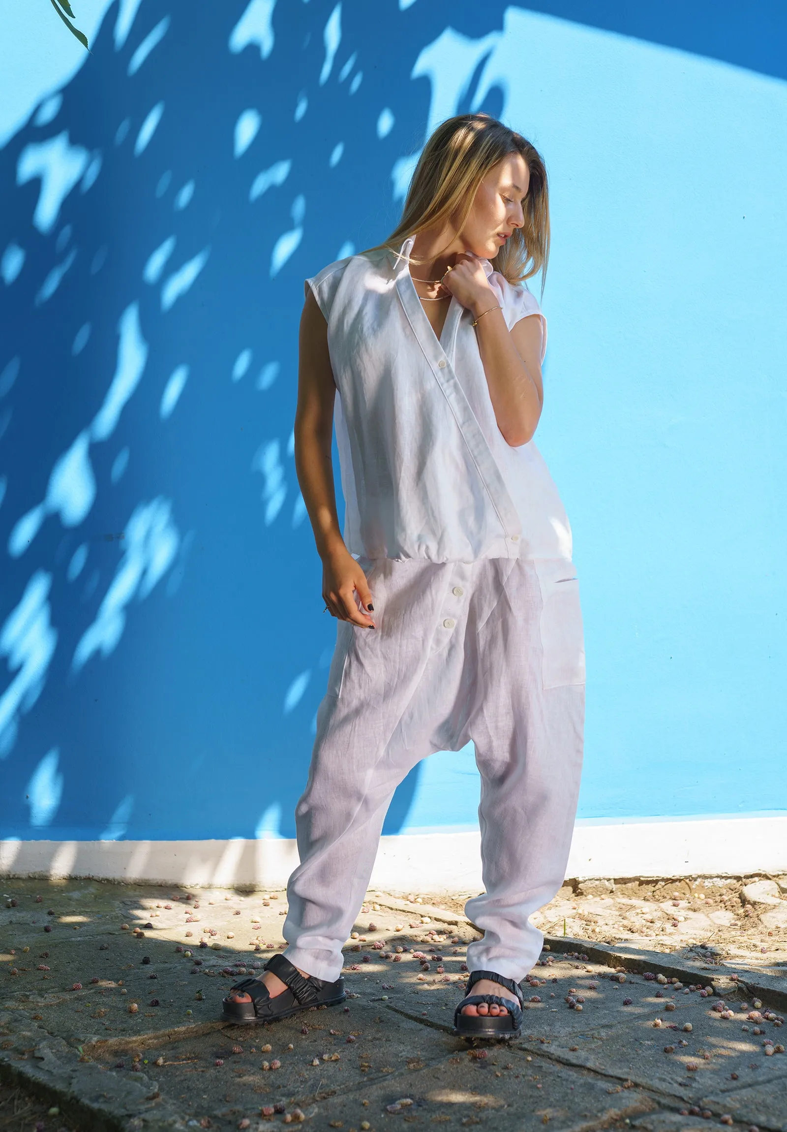 Asymmetrical White Organic Linen Shirt for Women