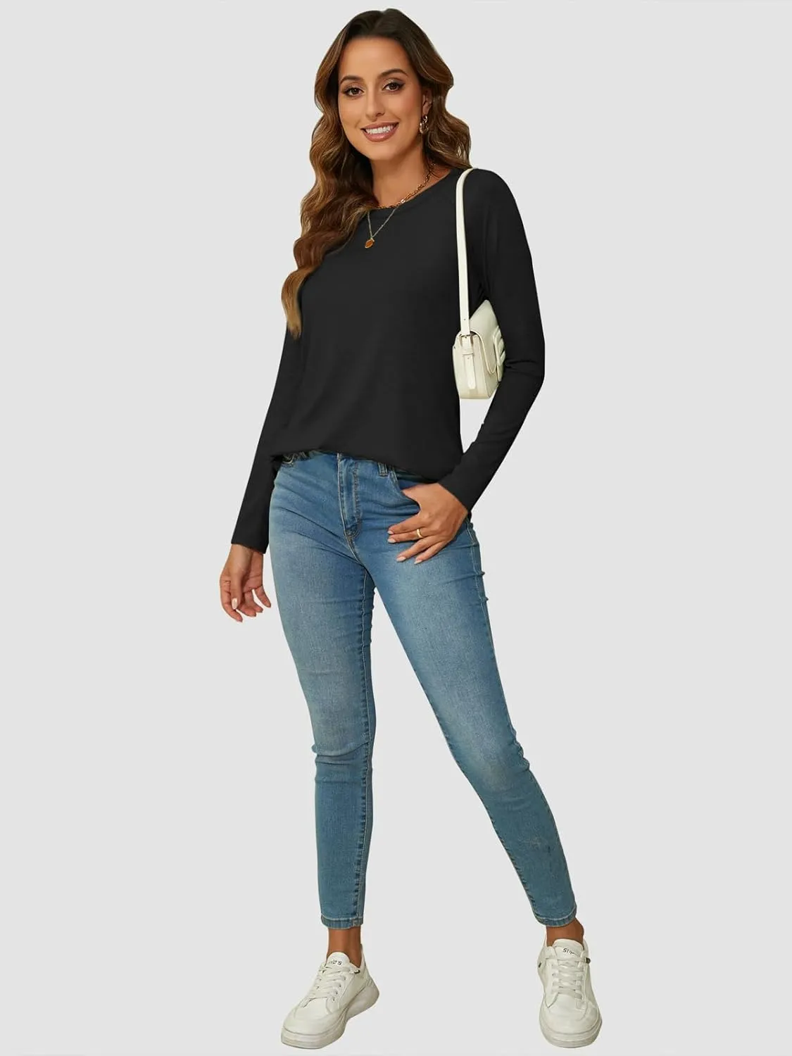 ATHMILE Long Sleeve Shirts for Women Fall Outfit 2025 Fashion Casual T Shirt Round Neck Basic Loose Tunic Tops