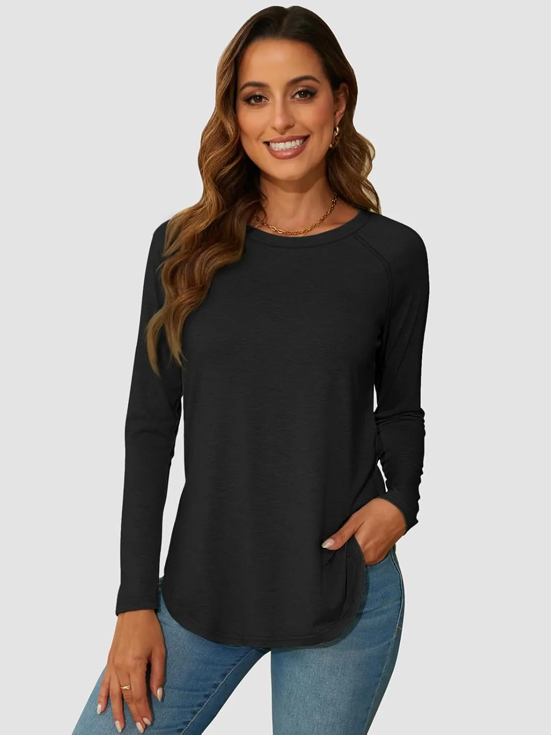 ATHMILE Long Sleeve Shirts for Women Fall Outfit 2025 Fashion Casual T Shirt Round Neck Basic Loose Tunic Tops