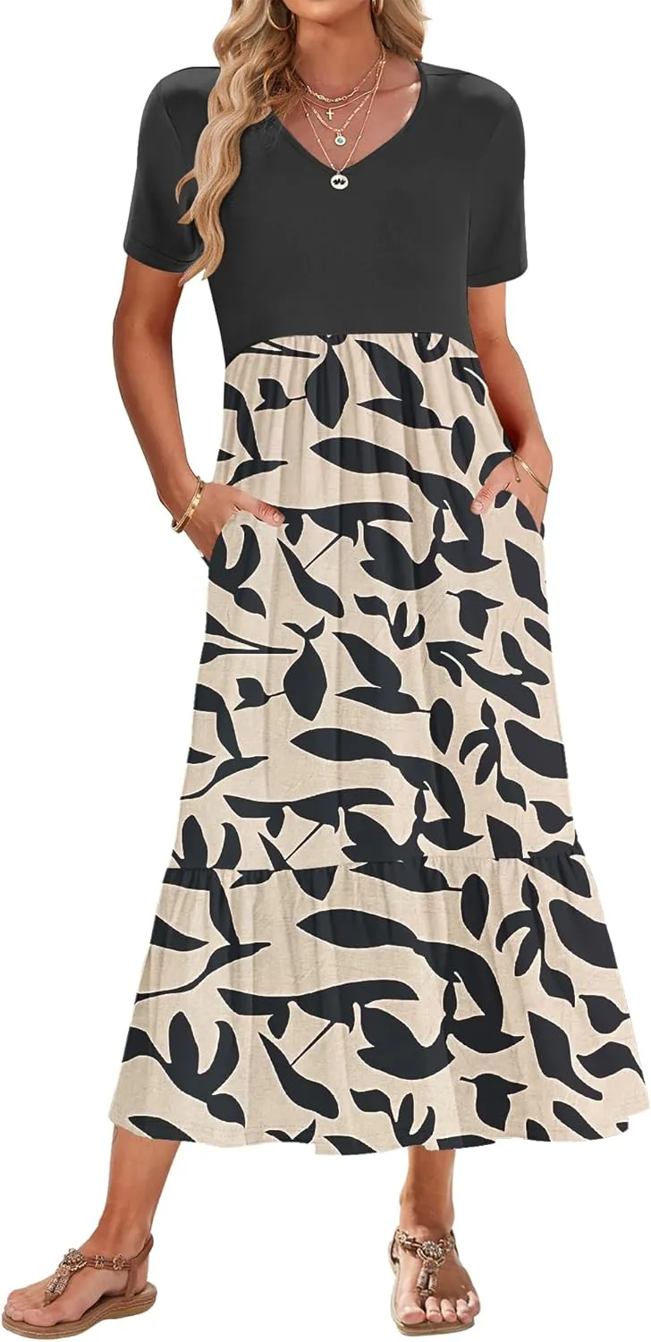 AUSELILY Summer Dresses Women 2025 Flowy Short Sleeve Maxi Dress V Neck Casual Tiered Sundress with Pockets