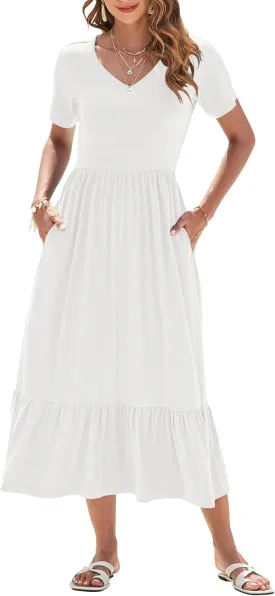 AUSELILY Summer Dresses Women 2025 Flowy Short Sleeve Maxi Dress V Neck Casual Tiered Sundress with Pockets