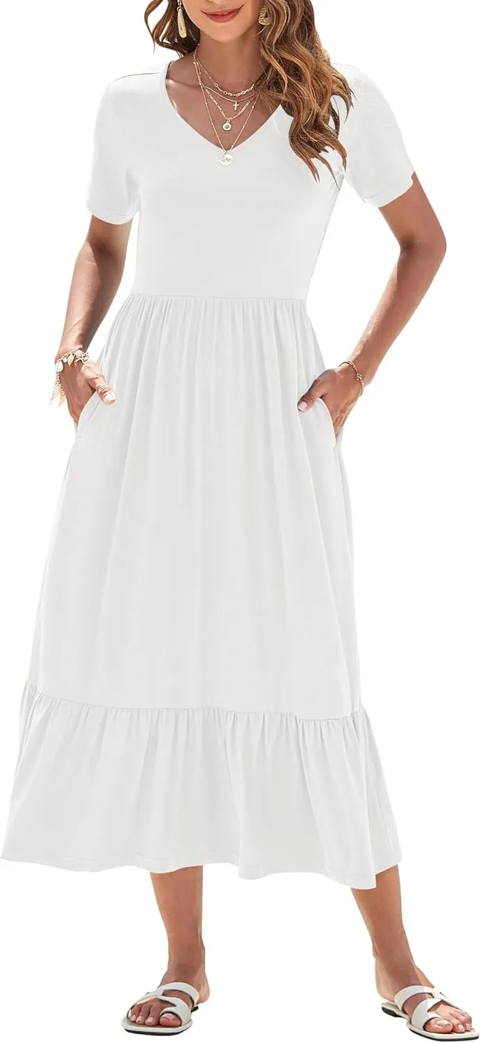 AUSELILY Summer Dresses Women 2025 Flowy Short Sleeve Maxi Dress V Neck Casual Tiered Sundress with Pockets
