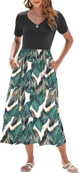 AUSELILY Summer Dresses Women 2025 Flowy Short Sleeve Maxi Dress V Neck Casual Tiered Sundress with Pockets