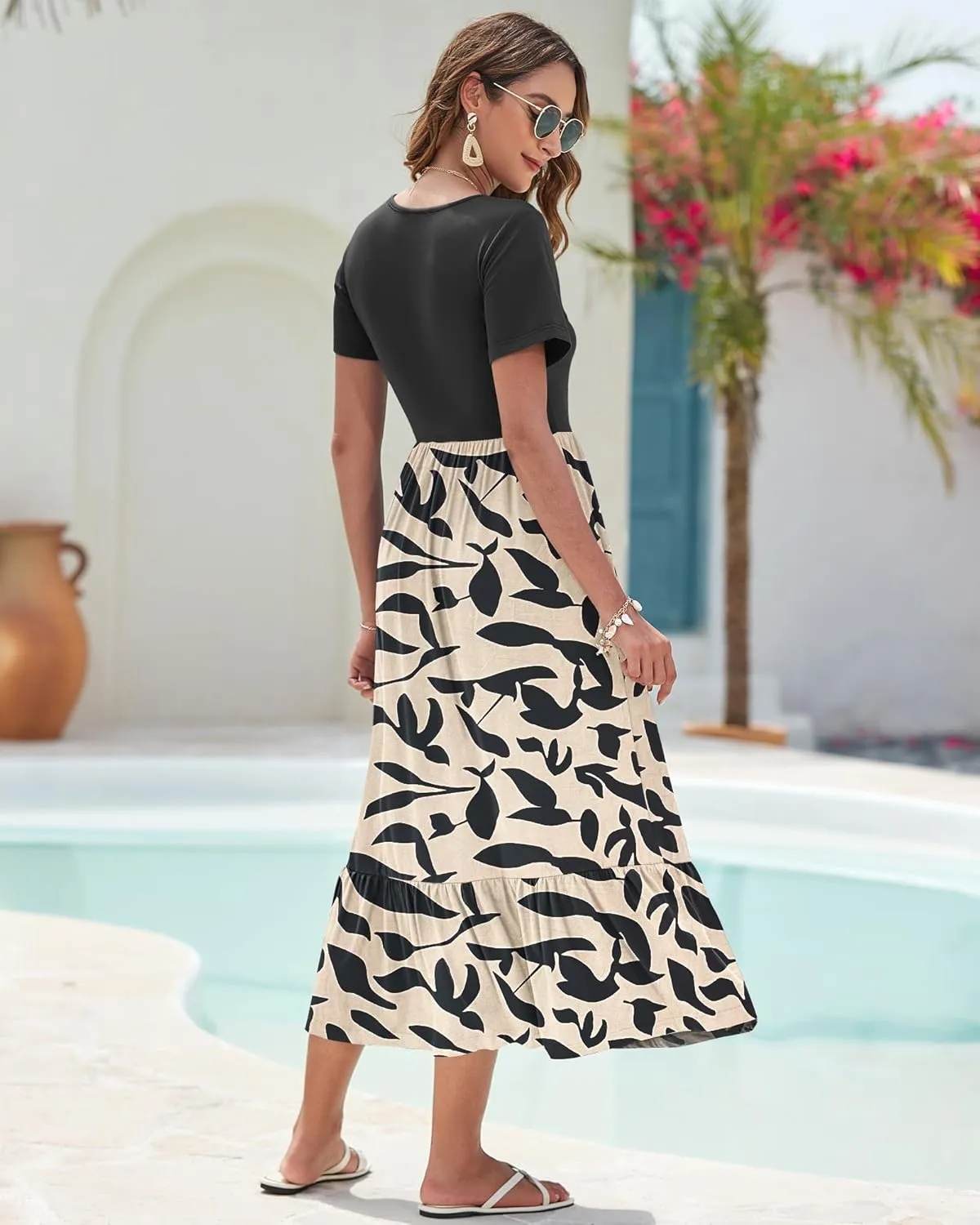 AUSELILY Summer Dresses Women 2025 Flowy Short Sleeve Maxi Dress V Neck Casual Tiered Sundress with Pockets