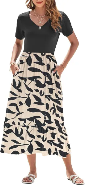 AUSELILY Summer Dresses Women 2025 Flowy Short Sleeve Maxi Dress V Neck Casual Tiered Sundress with Pockets