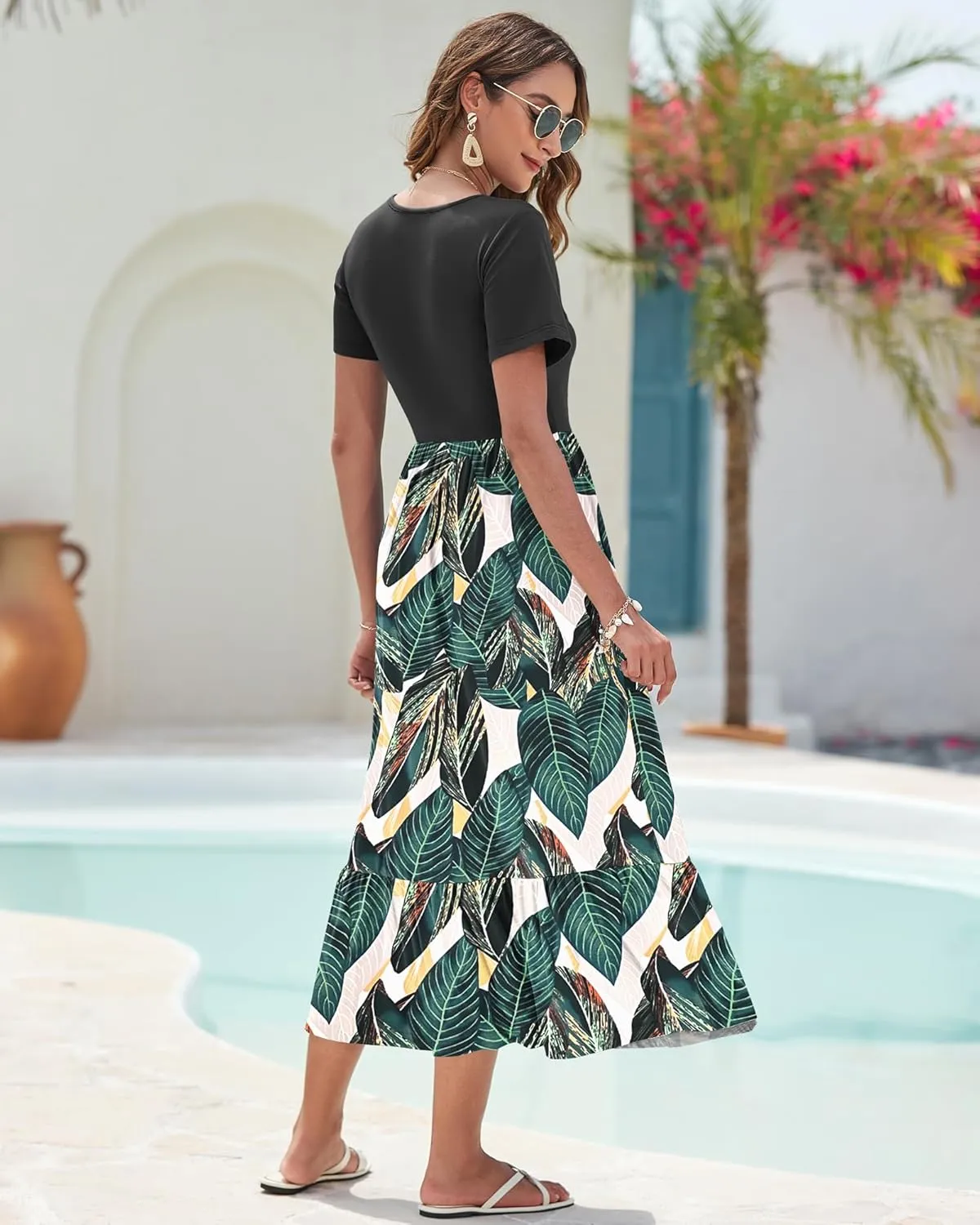 AUSELILY Summer Dresses Women 2025 Flowy Short Sleeve Maxi Dress V Neck Casual Tiered Sundress with Pockets