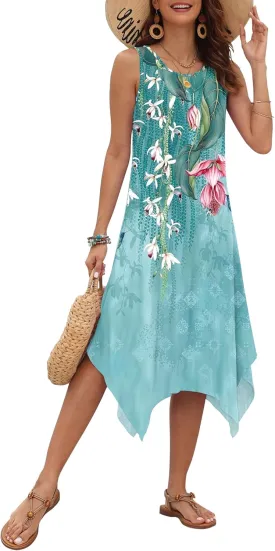 AUSELILY Women's Summer Dresses 2025 Casual Sleeveless Sundress Asymmetrical Hem Midi Tank Beach Dress with Pockets